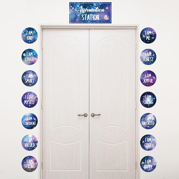 Outer Space Affirmation Station Bulletin Board Set Positive Bulletin Board for Classroom Growth Mindset Decoration Inspirational Motivational Accent Cutouts for Home School Teacher Wall Mirror Supply