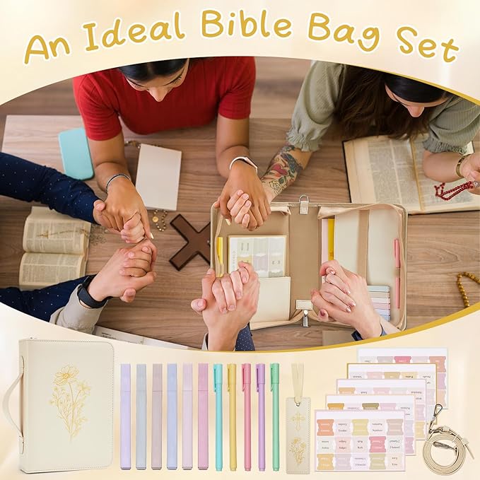19PCS Floral Beige Leather Bible Cover for Women Bible Cover Cases for Teen Girls Christmas Gift Christian Church Carrying Bag Journaling Kit with Shoulder Strap Highlighter Pens & Book Marker
