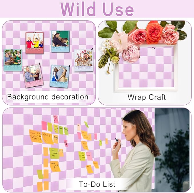 Purple Checked Bulletin Board Roll Reusable Waterproof Erasable Pastel Purple Background Poster Non-Woven Fabric Bulletin Board Roll for Mother's Day Easter Classroom Decor Wrap Paper 15.55" x20ft