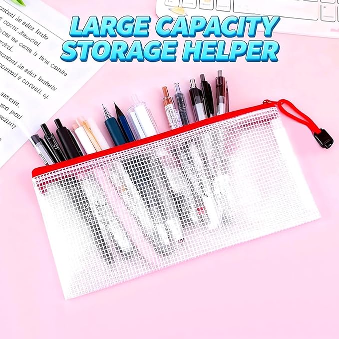 200 Pieces A6 Mesh Zipper Pencil Pouch Bulk Plastic Clear Mesh Storage Bags Waterproof Small Pencil Pouches for School Office Supplies Organization, 9.4 x 4.5 Inches (10 Colors)