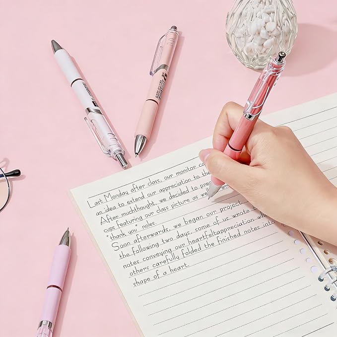 Temiary 5 Pcs Retractable Gel Pens, 0.5 mm Black Ink Fine Point Quick Dry Gel Ink Pen, Aesthetic Smooth Writing for School Office Journaling Note Taking and Sketching (Pink)