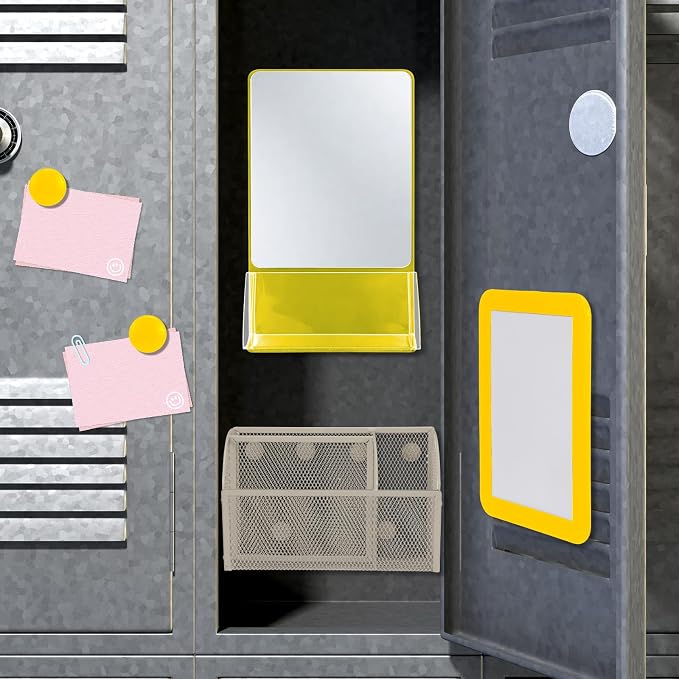 Fuyoooo Magnetic Locker Accessories Back to School Essentials Include Magnetic Mirror with Holder Magnet Mesh Pen Holder Small Whiteboard and Magnet for Office School Locker Organizer(Classic,Yellow)
