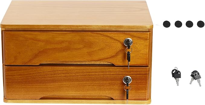 Lockable Desk Organizer Wooden Desktop Drawers Office Flat Files Storage Box Locking Countertop Storage Cabinet (Wood Yellow, 2-Tier)