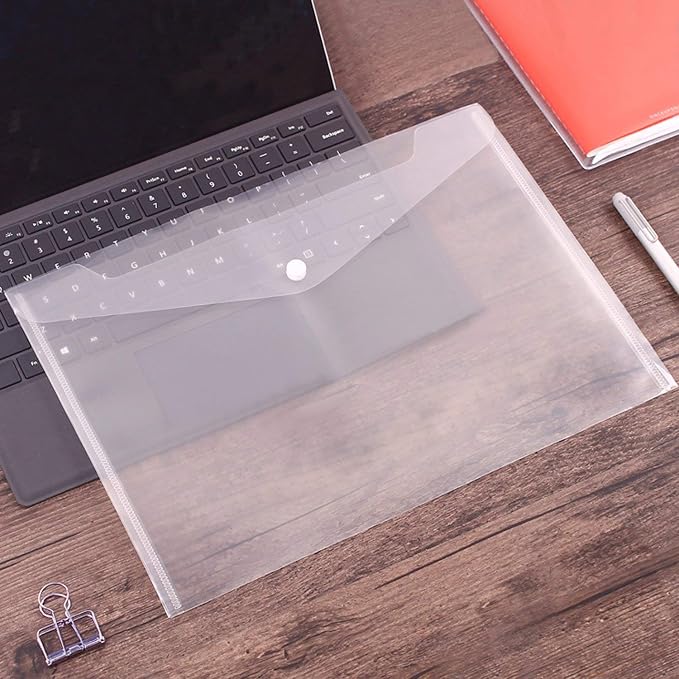 Acrux7 48 PCS Plastic Envelopes, Clear Poly Envelope with Snap Closure, Document Folders Waterproof File Folder for School Home Office, A4 Size