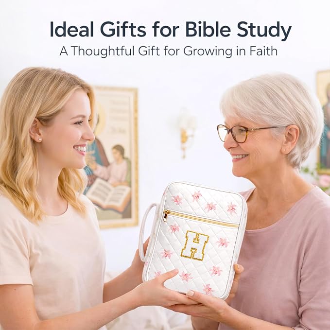 Bible Bag for Women, Bible Cover Case with Study Supplies, Initials Personalized Quilted Bible Bag, Large Chenille Bible Cover – Christian Gift for Girls (Pink Lilies-H)