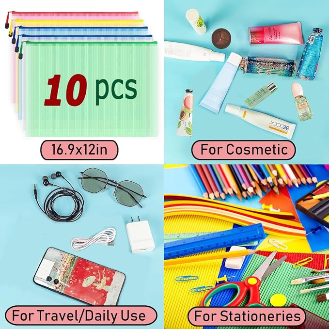 10 Pcs Zipper File Bags, Waterproof Plastic Mesh Pouch for Office School, Board Game Storage Bags (A3 Size 16.9''x12'', Multicolored)