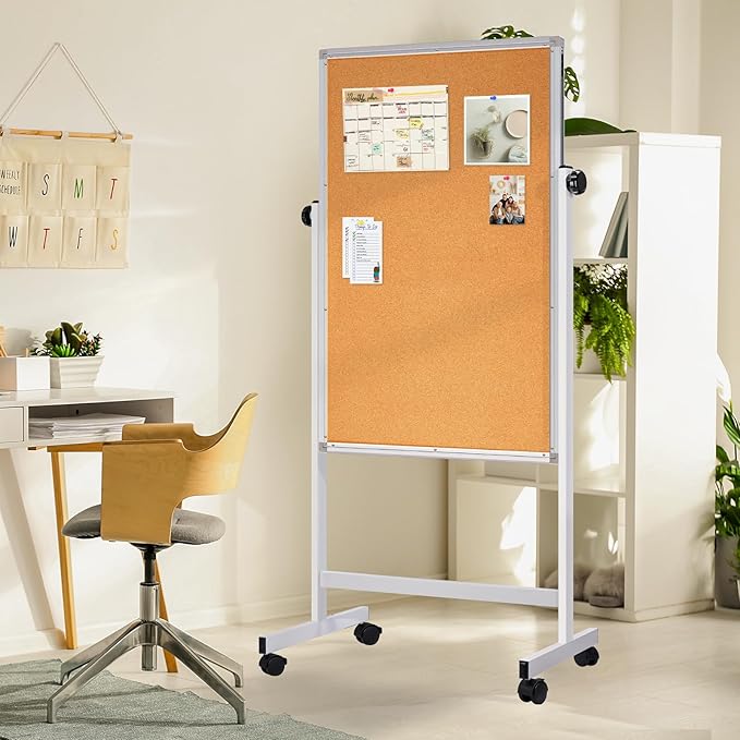 Mobile Whiteboard and Cork Board Combo, 48 x 32 Double-Sided Magnetic Dry Erase Board on Wheels, Height Adjustable Rolling Easel Board for Classroom, Office, Home