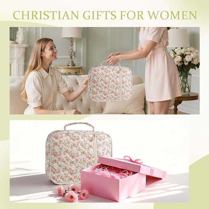 Bible Cover Case for Women Large Quilted Bible Carrying Bag with Handles Bible Study Supplies & Accessories Christian Gifts for Women(Siamese Rose, M)