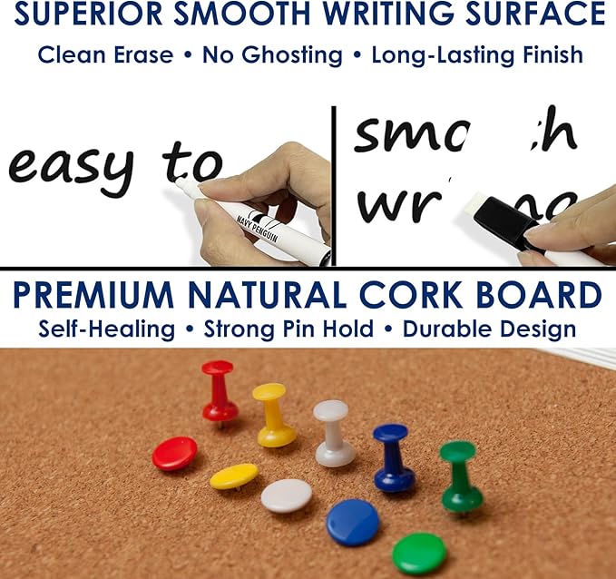 Cork Board White Board Combo 24 x 24 in – Wall Hanging Dry Erase and Bulletin Board with Markers, Magnets, Thumb Tacks & Reusable Magnetic Notes – Reminder Board Organizer for Home and Office