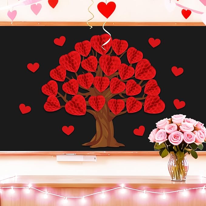 JarThenaAMCS 50Pcs Valentine' s Day Tree Bulletin Board Set 3D Heart Honeycomb Tree Classroom Decorations Red Heart Paper Cutouts for School Wall Door Decor Valentines Party Supplies