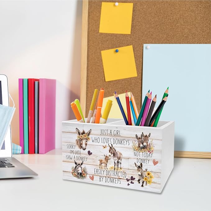 Farmhouse Donkey Pen Holder for Desk, Donkey Lovers Gifts Pencil Organizer, Rustic Floral Farm Animal Wooden Box Sign Desk Decor for Farmhouse Home Office Decoration
