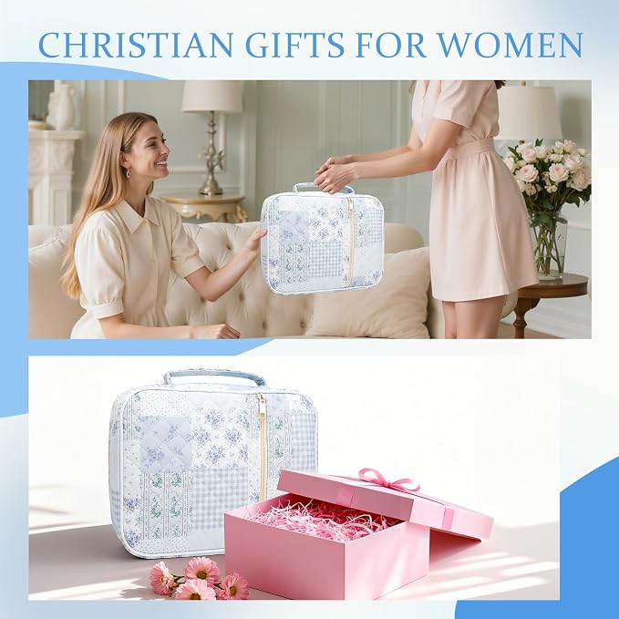 Bible Cover Case for Women Large Quilted Bible Carrying Bag with Handles Bible Study Supplies & Accessories Christian Gifts for Women(Cotton-Blue Patchwork, M)