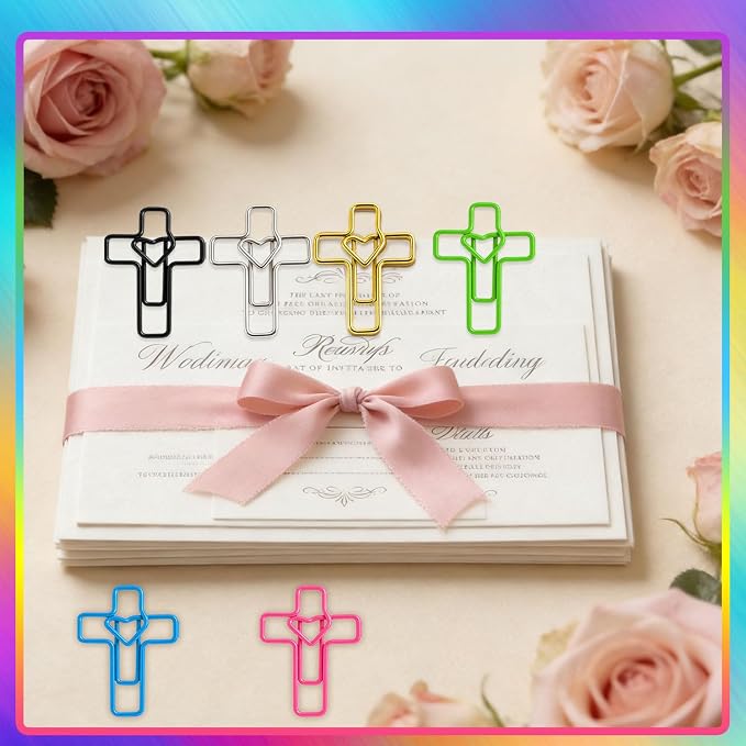 100 PCS Heart Cross Paper Clips for Bible Study Supplies,Christian Gifts,Jesus Bible Stuff Bookmark journaling Supplies Accessories, Easter Eggs fillers, Teacher Gifts (Multicolors)