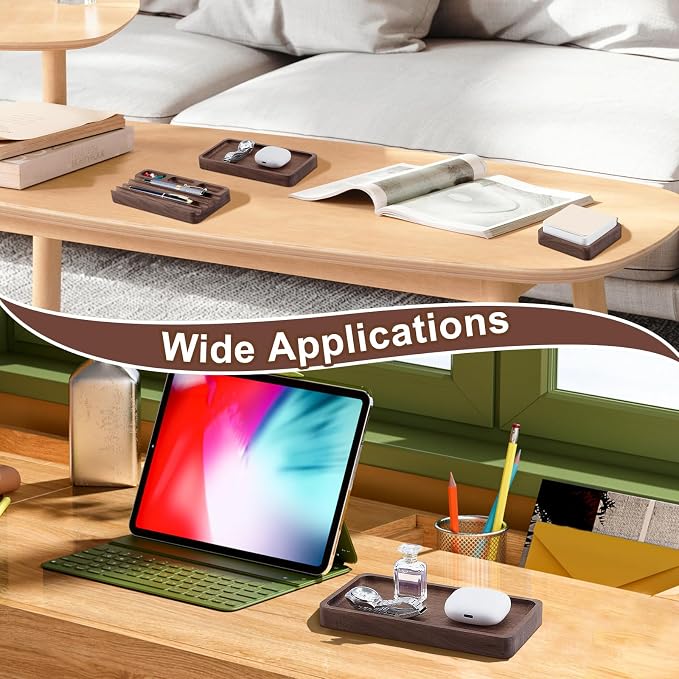 4Pcs Wooden Desk Organizer Tray with Pen Holder, Men Valet Tray | Walnut Wood Pencil Holder Minimalist Desk Accessories, Office Supplies, Stationery Pen Key Wallet Catchall Trays