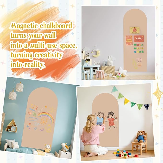 Arch Magnetic Wall Decal 47.24" x 17.52", Magnet Chalkboard for Wall, Magnetic Chalk Board Sticker, Chalk Wallpaper Peel and Stick for Playroom Classroom with Chalks, Wiping Cloth (Pink)