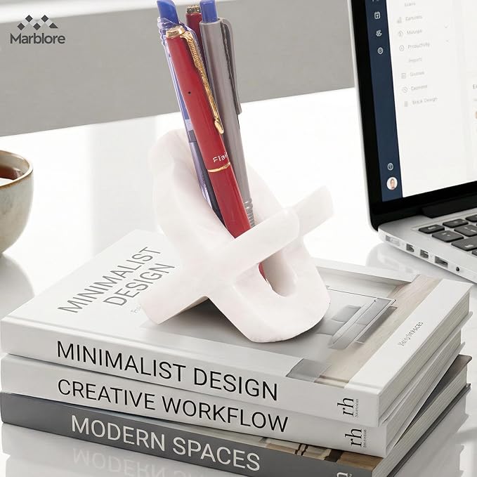 Marble Cell Phone Stand Holder White Desk Organizer for Office & Home, 4” Decorative Pencil Holder, Makeup Brush Organizer And Desk Decor, Ideal Gift for Women Day