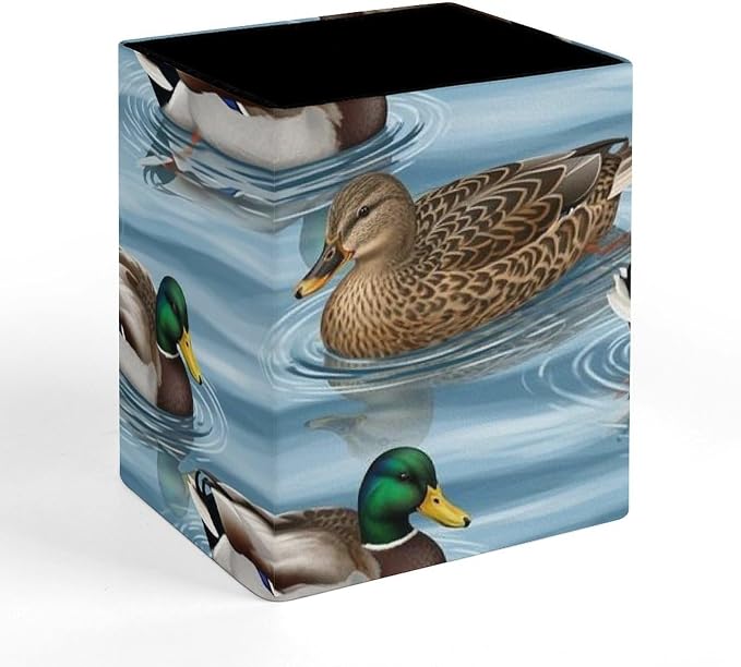 Pen Holder Square Leather Pencil, Holder Cup Makeup Brush Storage Organizer, Waterproof Multifunctional Office Supplies Blue Animals Mallard Ducks Wild Birds