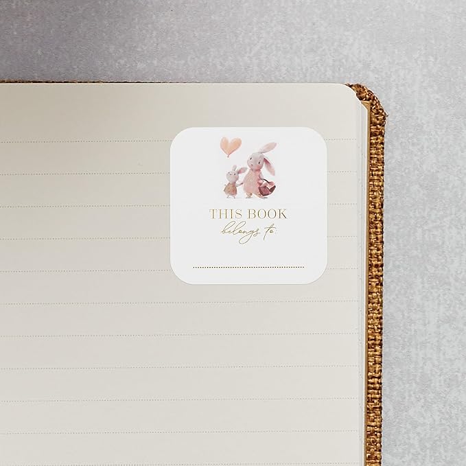 Mobiusea Creation Bunny Design This Book Belongs to Stickers | Bookplates Labels | 2 x 2 Inch | Gold Foil | 60pcs Stickers for Name Plates for Books and Bookplate Labels