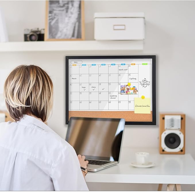 Monthly Whiteboard Calendar with Cork Board for Wall, 17"x13",Magnetic Dry Erase Board with Black Wood Framed,2-1 Wall Planner Whiteboard, Bulletin Board with Pins for Home, School,Office