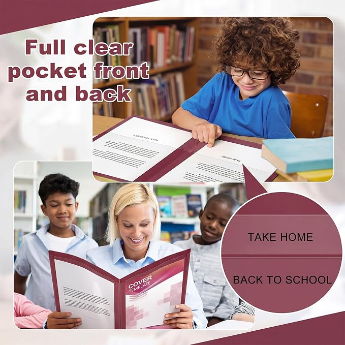 Henoyso 24 Pcs Take Home Folder Heavy Duty 2 Clear Front Pockets and 2 Inside Pockets Homework Folders for School Students Parent Teacher Classroom Communication (Burgundy)