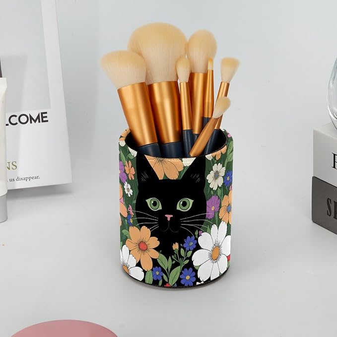 Cat Flower Pen Holder Pencil Organizer Cute Pencil Cup Desk Decor Makeup Brush Holder PU Multifunctional Office Supplies for Home Classroom School