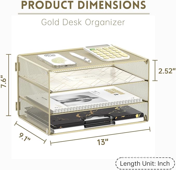 DALTACK 3 Tier Letter Tray Paper Organizer for Desk, Mesh Metal Desk File Organizer with Sliding Trays for Letter/A4 Paper, Mail, Bills & Folders, Yellow