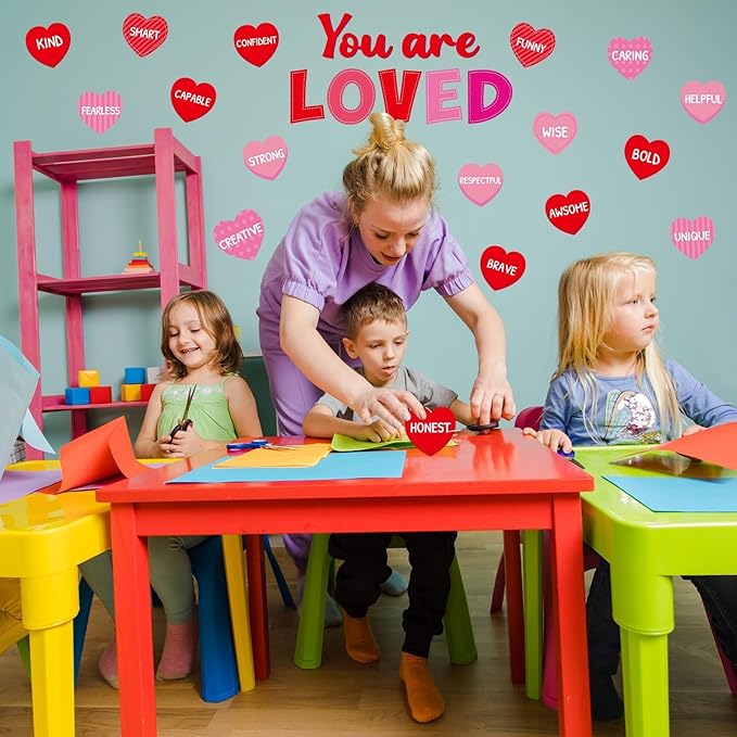 You are Loved Valentine's Day Bulletin Board Decorations Valentines Day Classroom Bulletin Border Red Heart Cutouts with Motivational Positive Sayings for Valentines Party Supplies School Office Decor