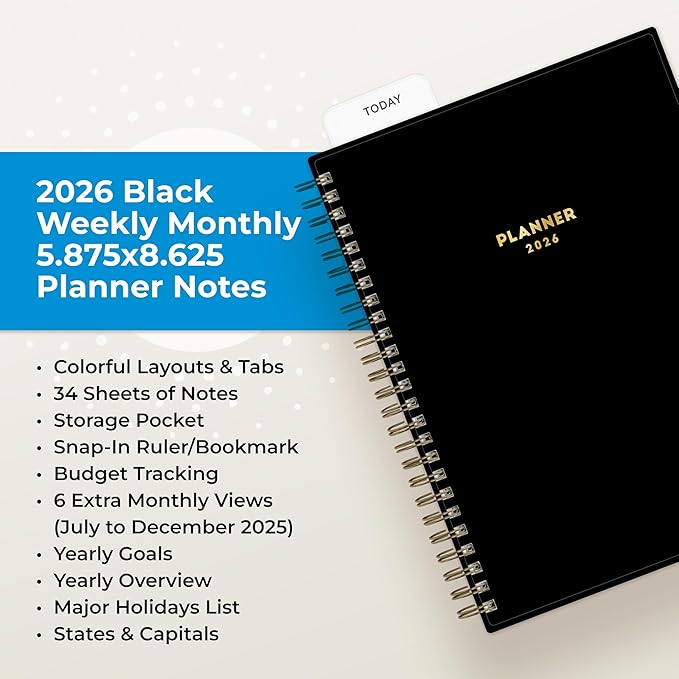 Blue Sky 2026 Weekly and Monthly Planner Calendar, January 2026 - December 2026, 5.875” x 8.625”, Flexible Cover, Storage Pocket, Ruler, Colorful Interior, Includes Extra 30 Sheets of Notes, Black