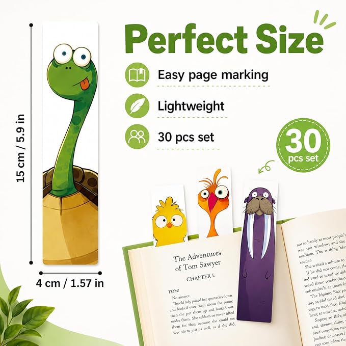 30Pcs Fun Bookmarks for Kids,Funny Animals Cartoon Kids Bookmarks,Creative Cartoon Page Holders,Funny Book Marks for Book Lovers/Students/Readers/Teacher,4th of July Gift.