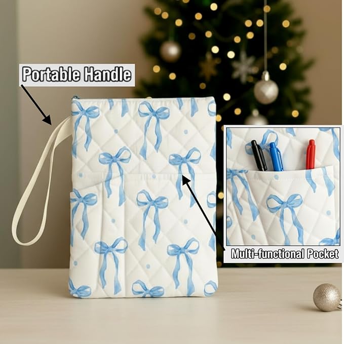 Gilprop Blue Bow Bible Book Sleeve with Zipper 11" x 9" Padded Protector Washable Quilted Book Covers Printed Bible Pouch with Handle Pockets Protector for Books Lover Christian Gifts