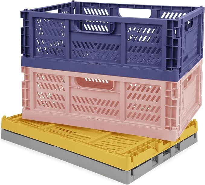 Domiella 4-Pack Crates for Storage, 16x12x6 Storage Crates Plastic Stackable, Folding Crate for Office Home Kitchen Bedroom Bathroom, Pink