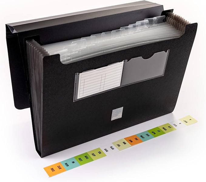 Smead Poly Desktop Expanding File, 12 Pockets, Flap Closure, Alphabetic (A-Z) and Monthly (Jan-Dec) Tab Inserts, Letter Size, Black (70845)
