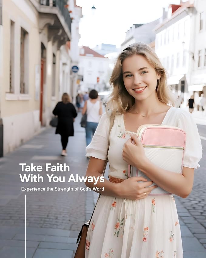 BellaHold Quilted Vegan Leather Bible Cover, Color-Blocked Bible Cover Case for Women, Bible Carrying Case with Handle, Bible Study Supplies & Christian Gift for Women and Girls (White & Pink, TS/S)