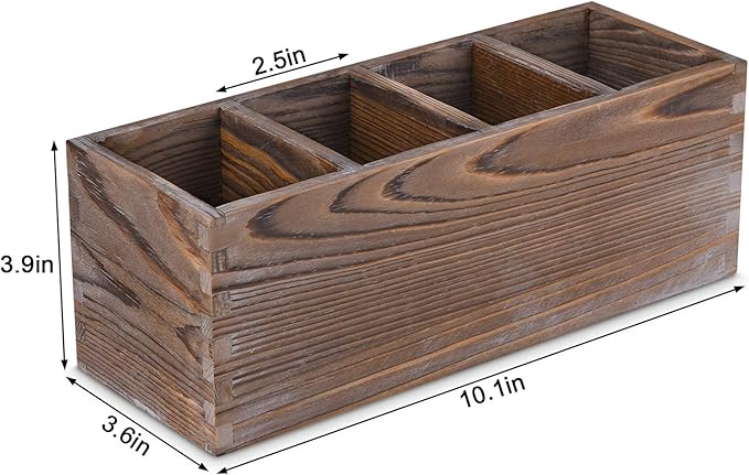 WuGeShop Wood Remote Control Holder 4 Compartments, Rustic Wooden Table Remote Caddy, Multi-use Desktop TV Remote Storage Organizers for Controller, Phones, Stationery, Office Supplies