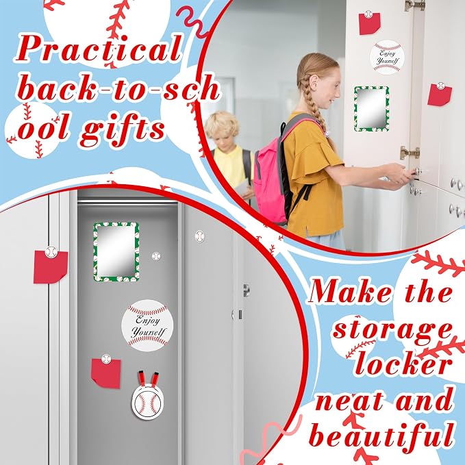 Demonwer 12 Pcs Locker Accessories Kit Baseball Themed Magnetic Whiteboard Mirror Pen Holder for Back to School Essentials Locker Decorations