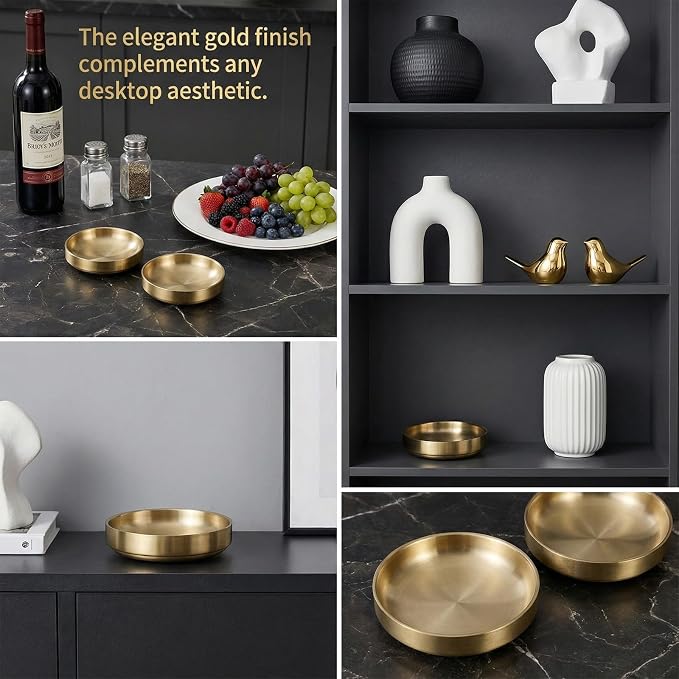 Gold Paper Clip Holder Stainless Steel Gold Decorative Bowl Round Paper Clips Storage Bowl for Office, Dressing Table, Study Desk Tiny Parts (4 Inch Diameter x 1 Inch Height)