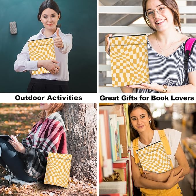 Wave Yellow Plaid Book Lovers Gifts Book Sleeve Vintage Checkered Waterproof Book Cover Book Pouch Book Protector with Front Pocket Book Club Christmas Birthday Gifts for Women Girl Book Accessories