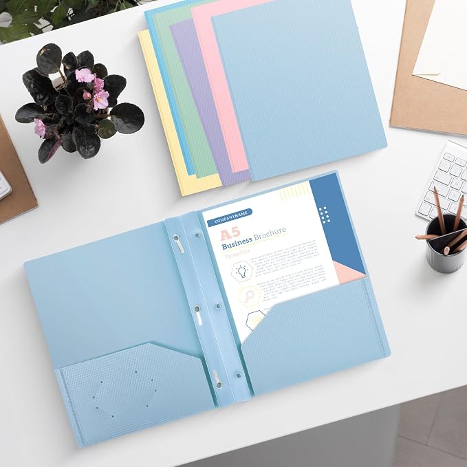 Plastic andPockets and Prongs,2-Pocket and3 Fasteners, Pastel Folders Holds 8-1/2" x 11" Paper for School/Office/Home, 6 Packs