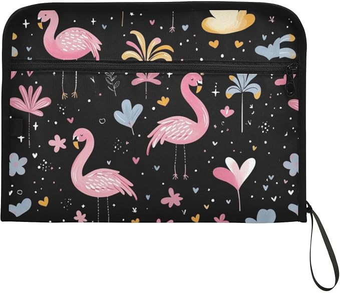 Pink Flamingo Black File Folders,Plastic Folders with 13 Pockets,Expandable File Folder for Documents School Students Office,Aesthetic Folder with Labels A4 Letter Size