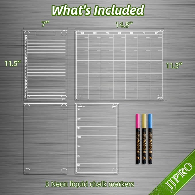 JJPRO Non-Magnetic Dry Erase Monthly Calendar for Fridge-Clear Monthly Calendar, Weekly Planner, List and Blank Board. Clear Reusable Calendar Stick to Fridge,Cabinet,Door&Glass