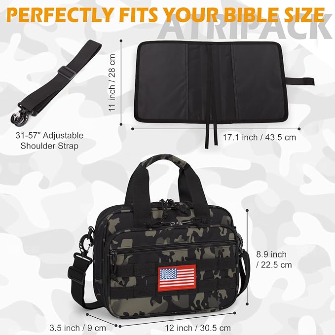 ATRIPACK Tactical Large Bible Cover for Men,Double Layer Bibles Bag With Detachable Book Carrying Case, Covers for Bible Organizer with Zippered Pockets,Church Case with Handle.