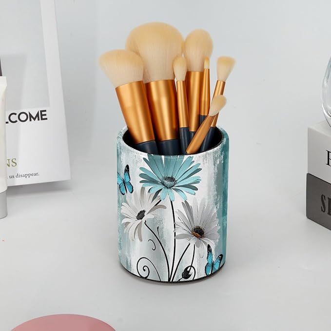 Farm Teal Daisy Butterfly on Country Wooden Pen Holder Pencil Organizer Cute Pencil Cup Desk Decor Makeup Brush Holder PU Multifunctional Office Supplies for Home Classroom School
