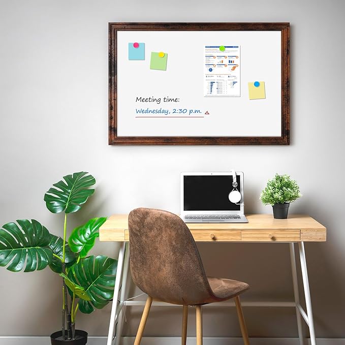 Large White Board for Wall, 36''x24'' Magnetic Dry Erase Board, Decorative Whiteboard with Brown Vintage Wooden Frame, Hanging Writing Board for Home Office School Dorm