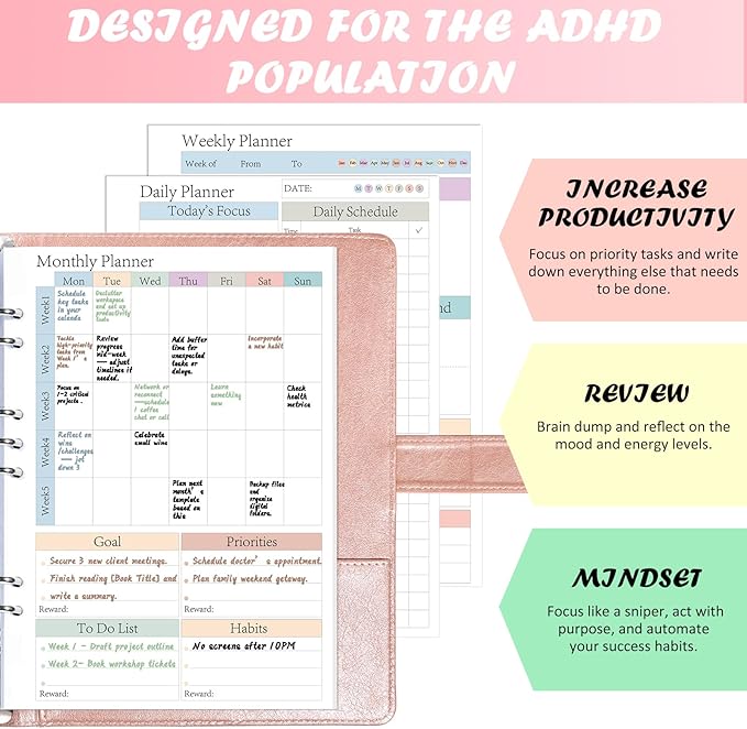 ADHD Half Letter Planner Refill Pages Planner Inserts 5.5" x 8.5" for 3/7 Ring Binder Daily Weekly Monthly 240 Sheets/480 Pages Undated Planners Colorful To Do List 7-Hole Refill Paper 120 GSM Thick Loose Leaf Paper Punched for 3 Months Neurodivergent ...