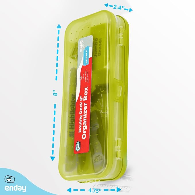 Enday Pencil Box Green, Plastic Double Deck Pencil Case with 7 Compartments, Box Organizer with Snap Closure for Home and Office