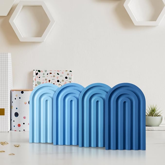 Harloon 4 Pcs Boho Arch Wooden Bookends, Decorative Rainbow Book Stoppers with Non-Slip Metal Base, 5x3x4 Inches, Cute Shelf Decor for Heavy Books, Home Office Study Desk Organizer(Denim Blue Color)