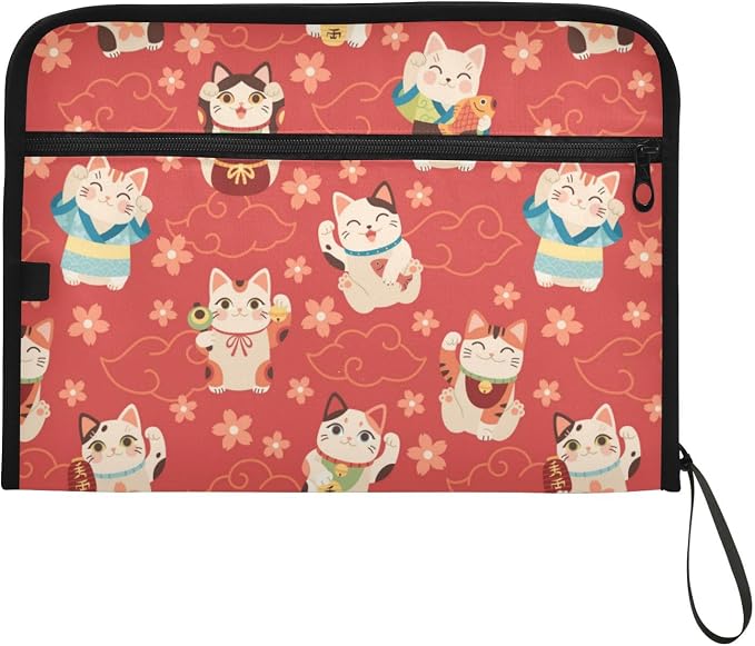 13 Pockets Expanding File Folder Japanese Maneki Cats Red with Sticky Labels Accordion File Folder Document Organizer Letter Size A4 Papers Expandable File Keeper