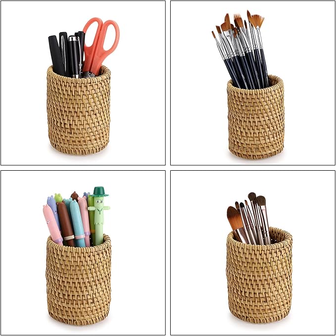 BTSKY Rattan Pen Cup, Handmade Desk Pencil Holders Makeup Brush Holder Multi-Functional Woven Basket Office&Home Desktop Organizer(Cylinder)