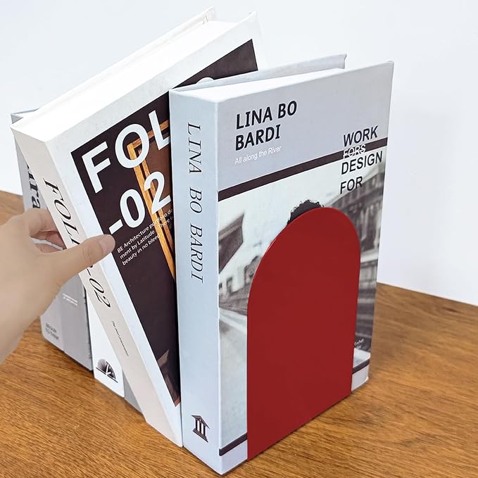MerryNine Metal Book Ends, 2 Pack Red Bookends for Shelves, Book Holder for Heavy Books, Book End for Kids Books, Decoration Bookend for Home Office (2, Red)
