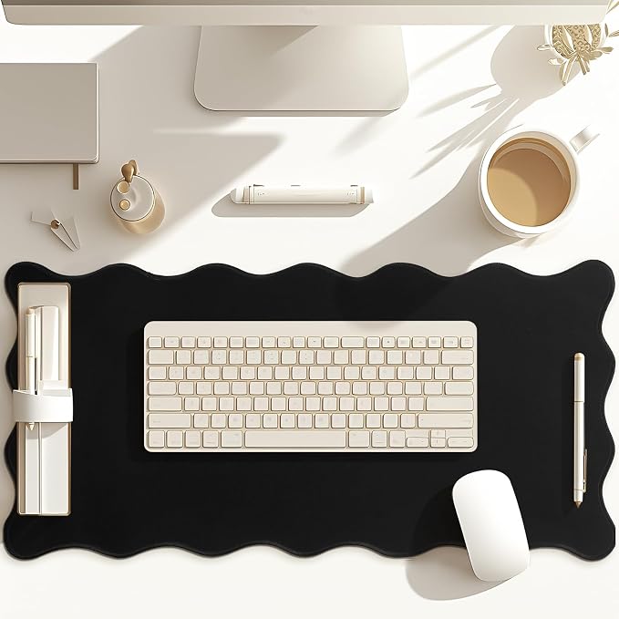 Hahafelt Scalloped Desk Mat Large Desk Pad Cute Coquette Table Mat Back to School Preppy Table Make up Pad Nonslip Graduation Gift with Stitching Waterproof Gaming(Black,31.5 x 15.8 Inches)